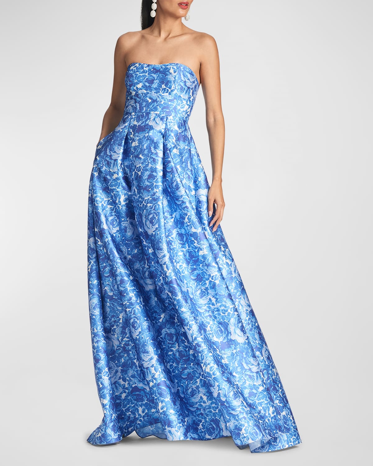 Sachin & Babi Giovanna Strapless Pleated Floral-Print Gown