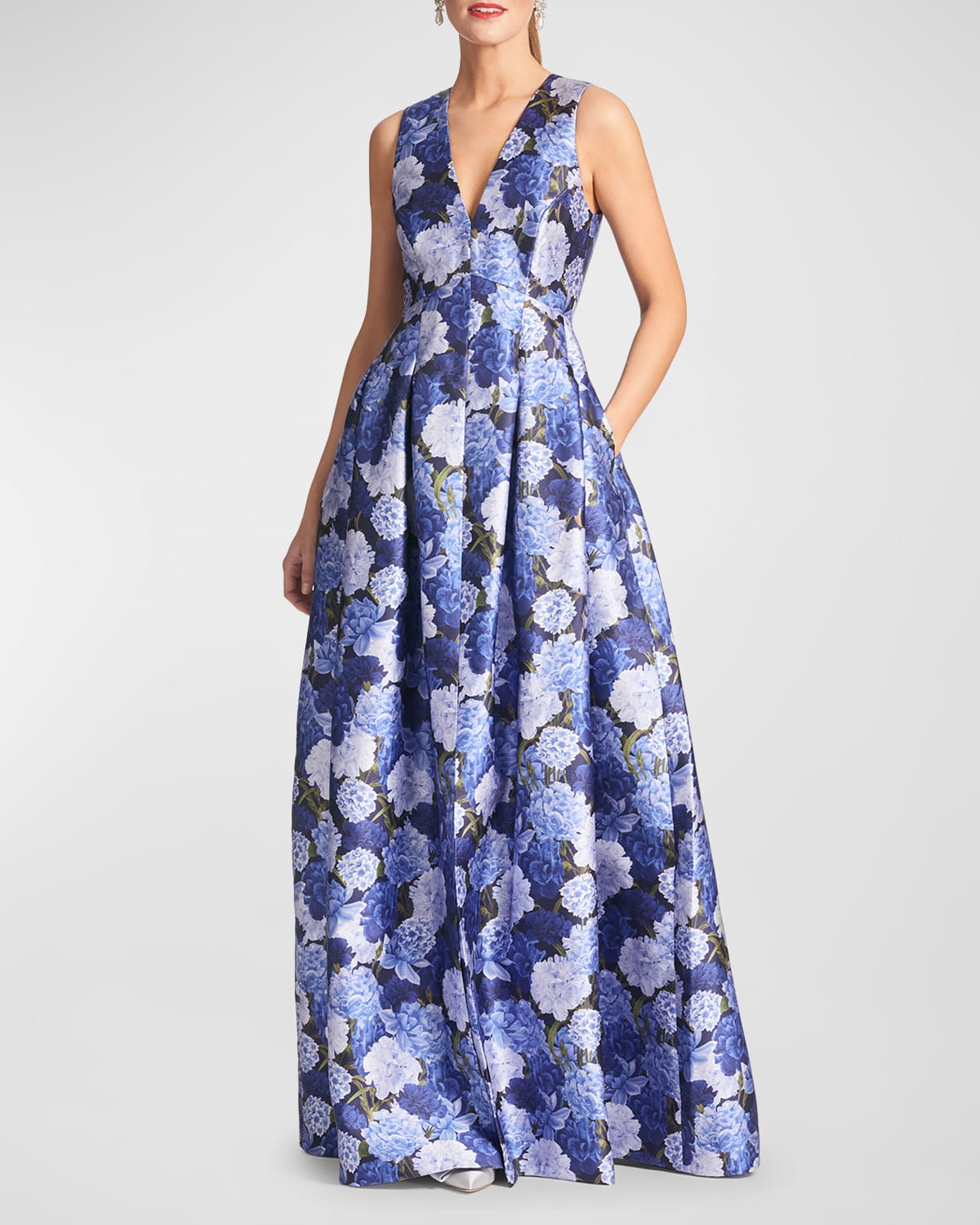 Sachin & Babi Brooke Pleated Floral-Print Gown