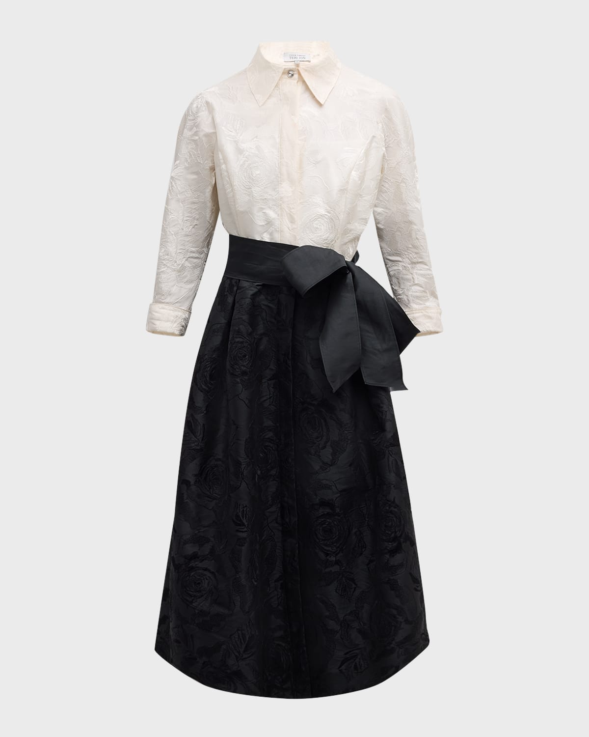 Rickie Freeman for Teri Jon Floral-Embroidered Taffeta Midi Shirtdress