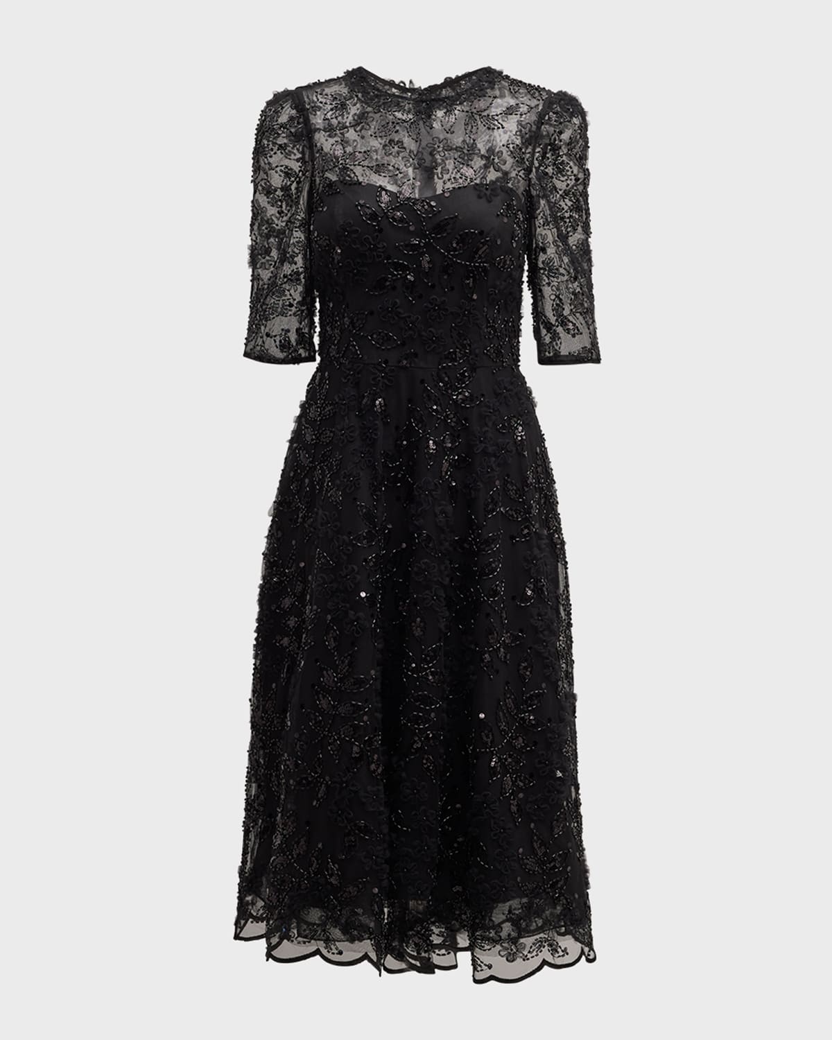 Rickie Freeman for Teri Jon Floral Bead & Sequin Tulle Midi Dress