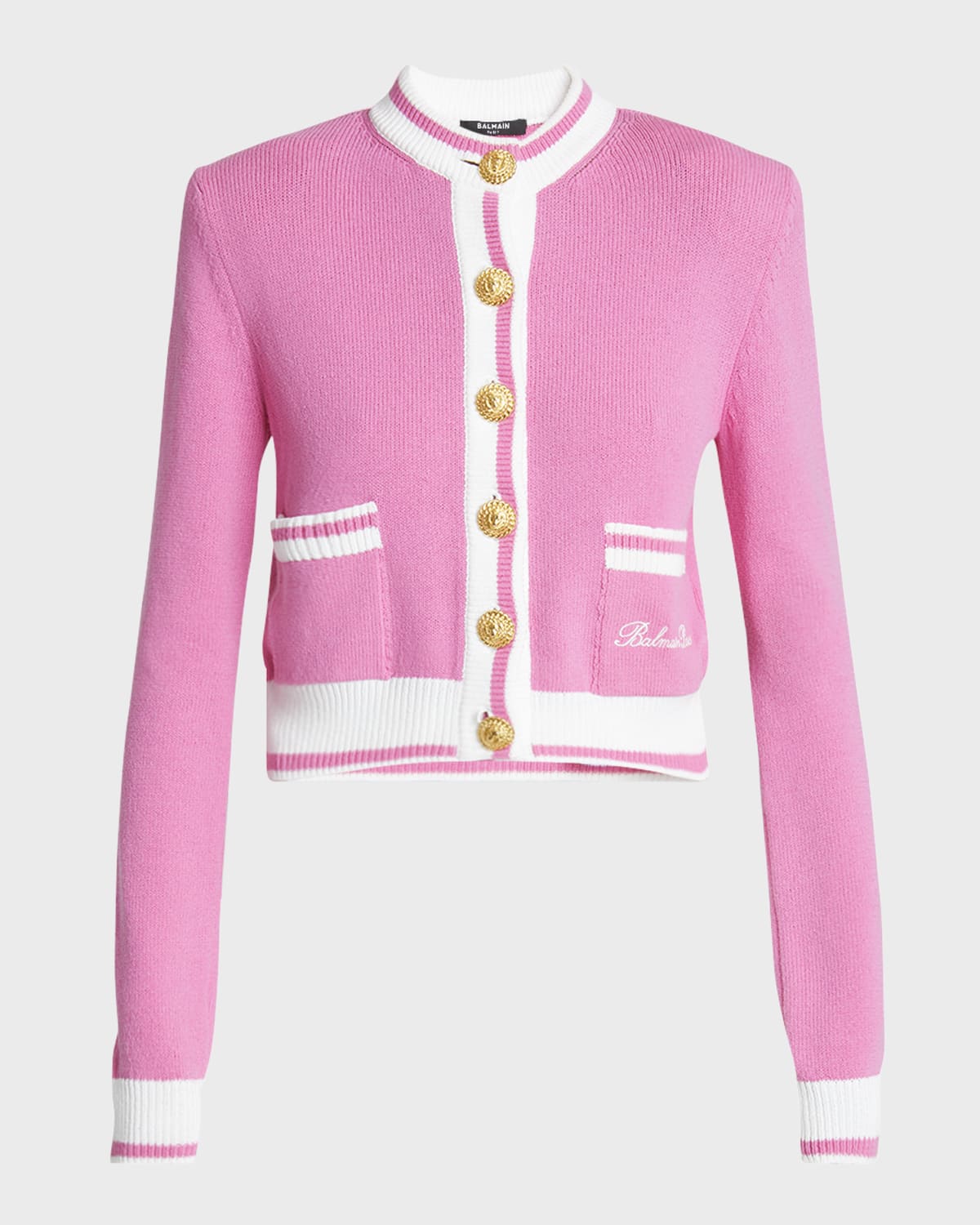 Balmain Strong-Shoulder Signature Buttoned Knit Cardigan