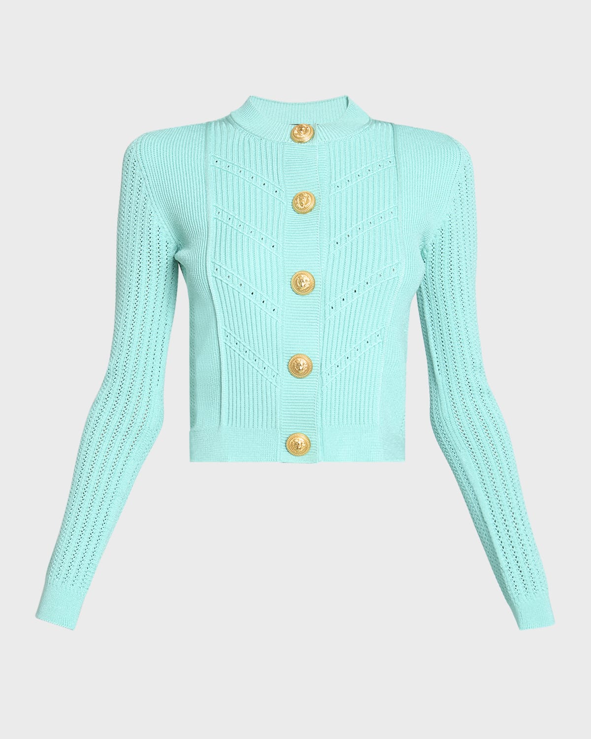 Balmain Buttoned Pointelle Rib Knit Short Cardigan