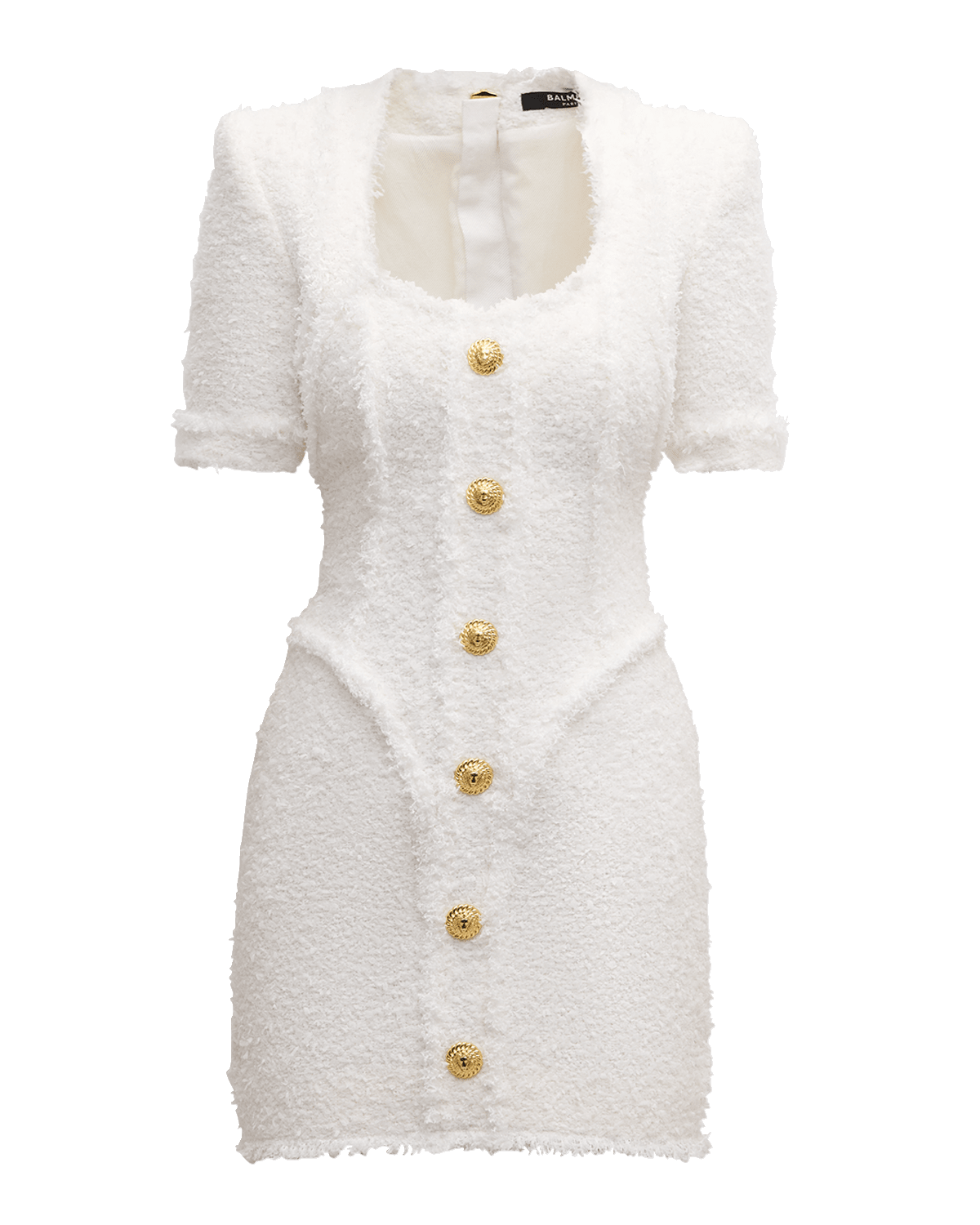 Balmain Short-Sleeve Tweed Button-Front Mini Dress