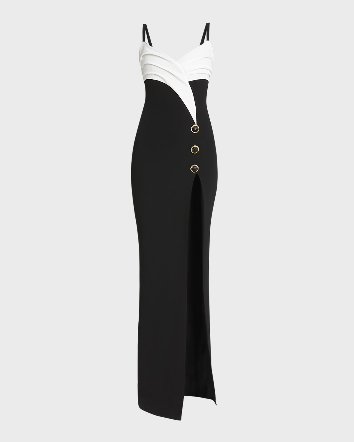 Balmain Two-Tone Crepe Draped Long V-Neck Split Dress