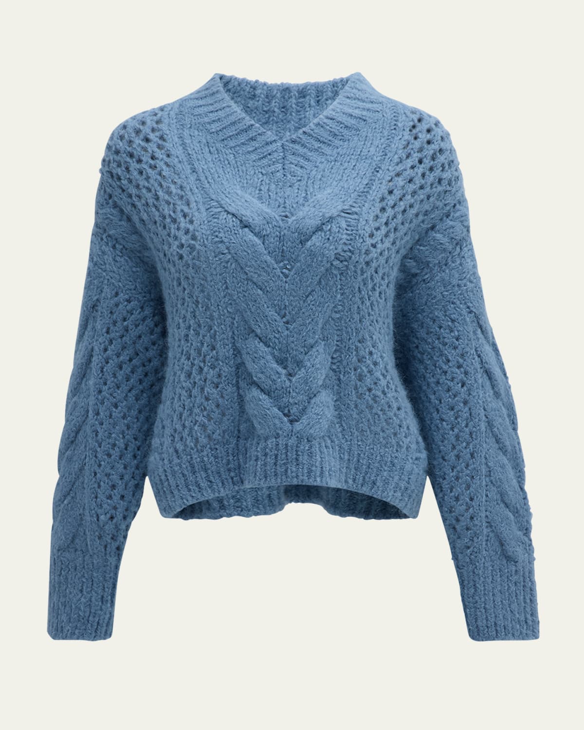 Brunello Cucinelli Alpaca-Wool Irish Cable Knit V-Neck Sweater