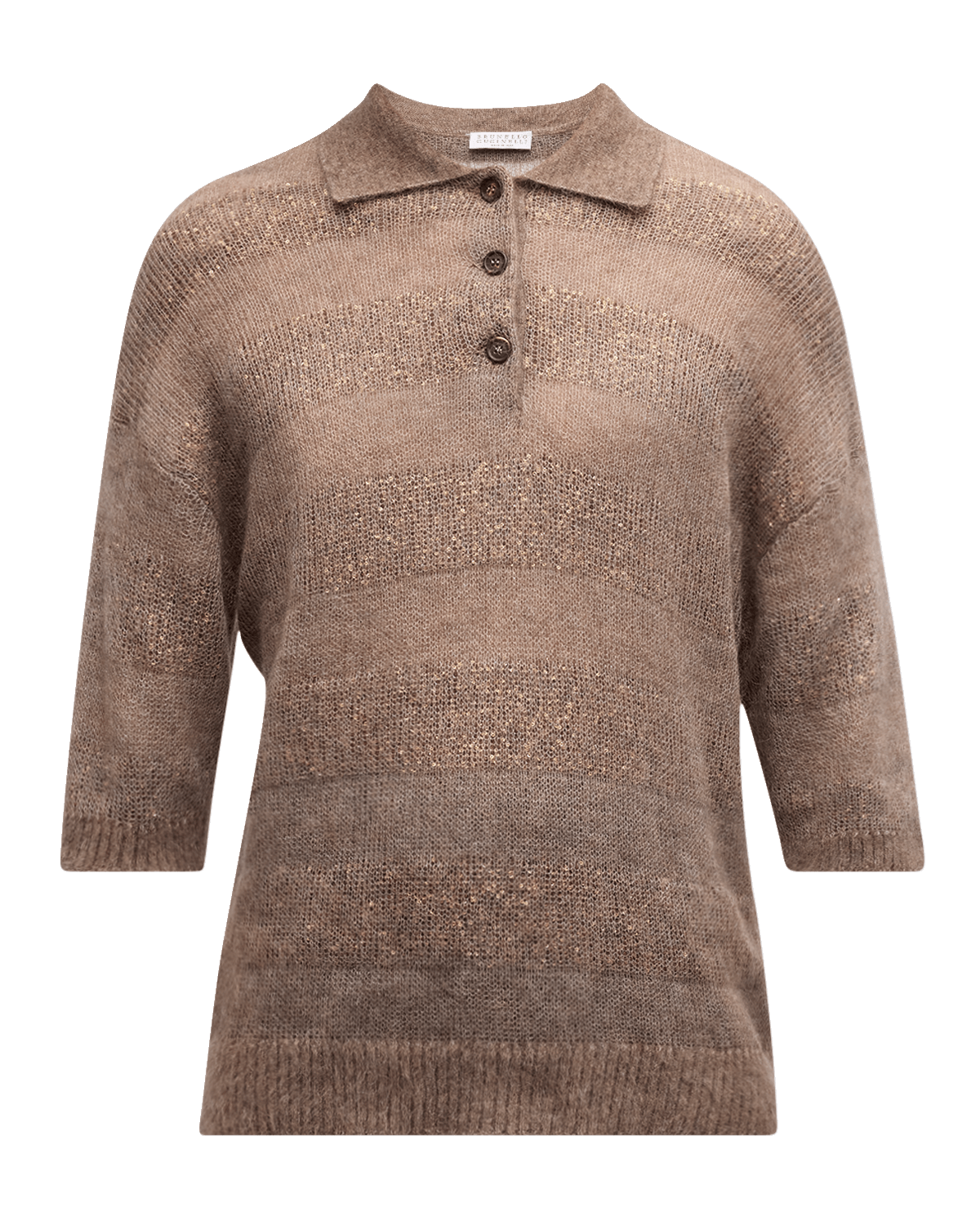 Brunello Cucinelli Mohair-Wool Striped Shiny Gauze Polo Sweater