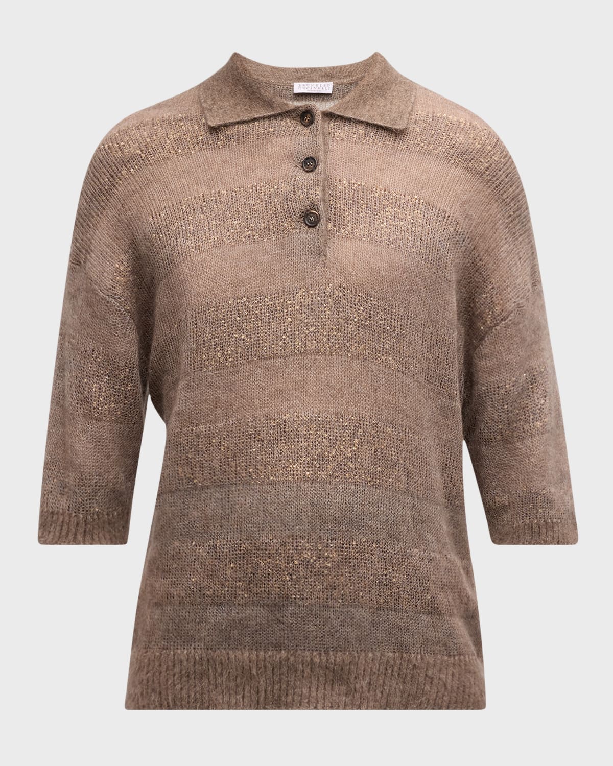 Brunello Cucinelli Mohair-Wool Striped Shiny Gauze Polo Sweater