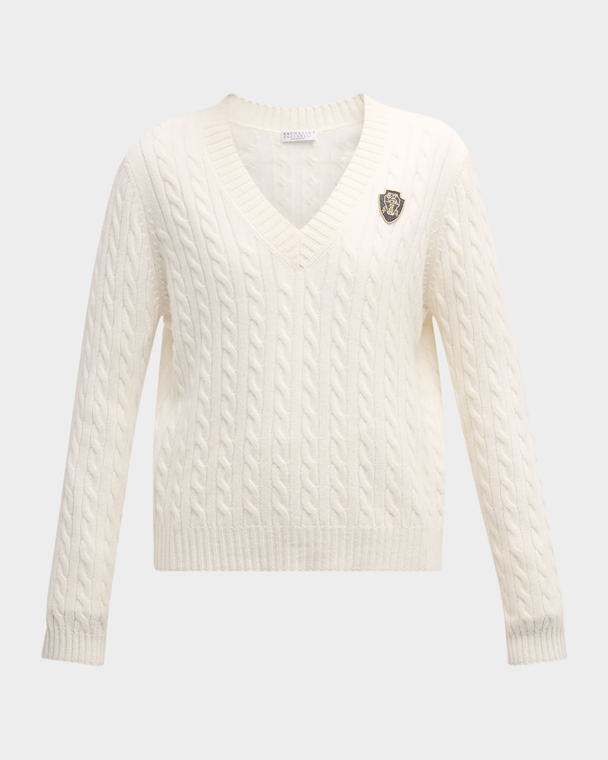Brunello Cucinelli Cashmere Cable-Knit Sweater with Crest Embroidery