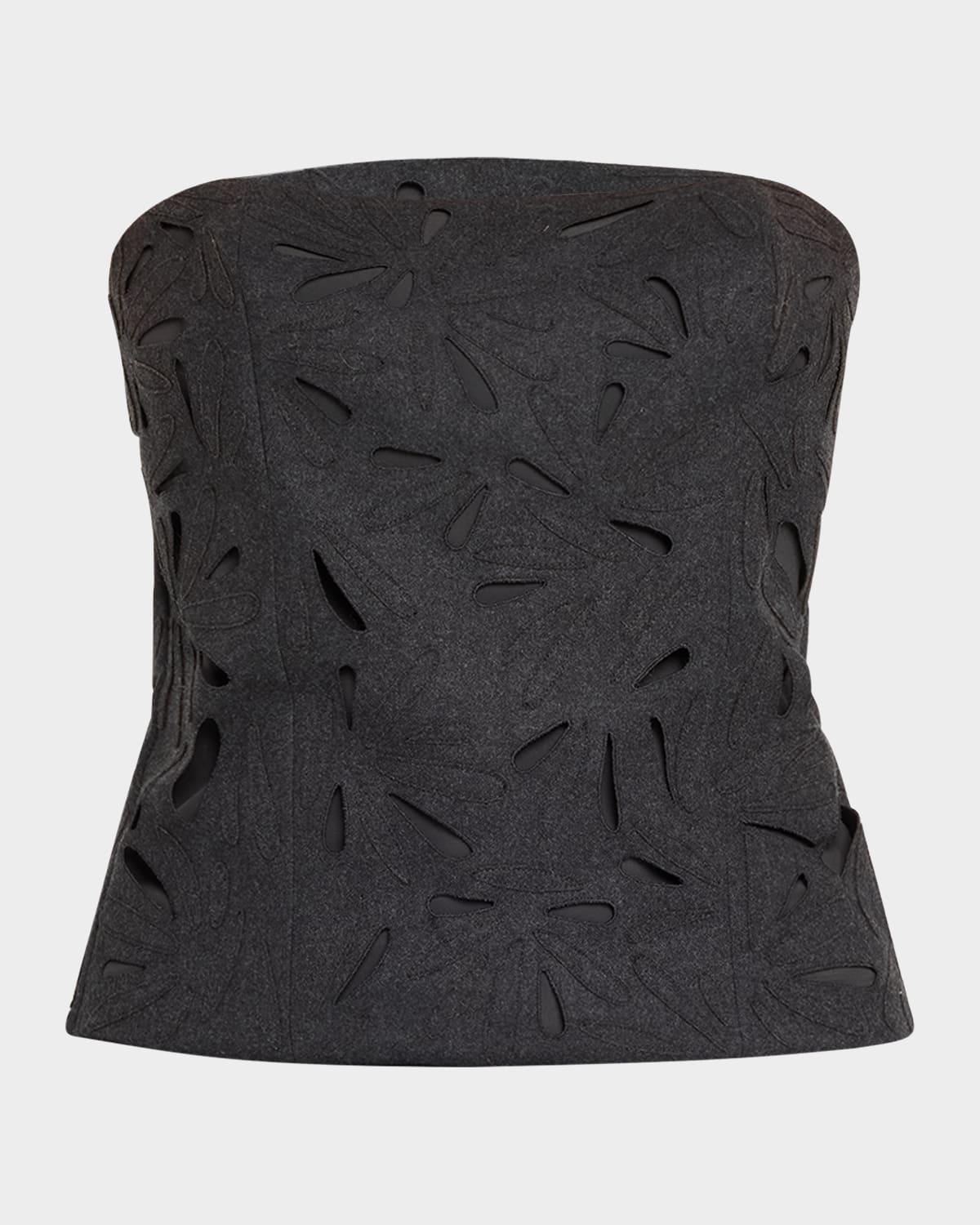 Brunello Cucinelli Strapless Flannel Wool Top with Laser-Cut Embroidery