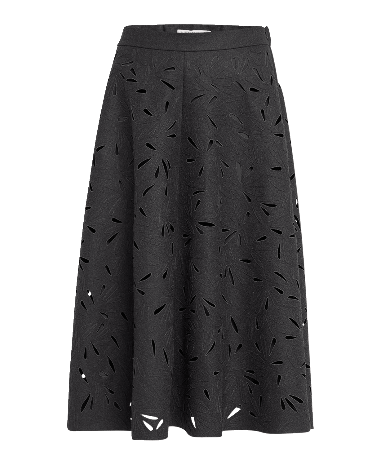 Brunello Cucinelli Flannel Wool A-Line Midi Skirt with Laser-Cut Floral Embroidery