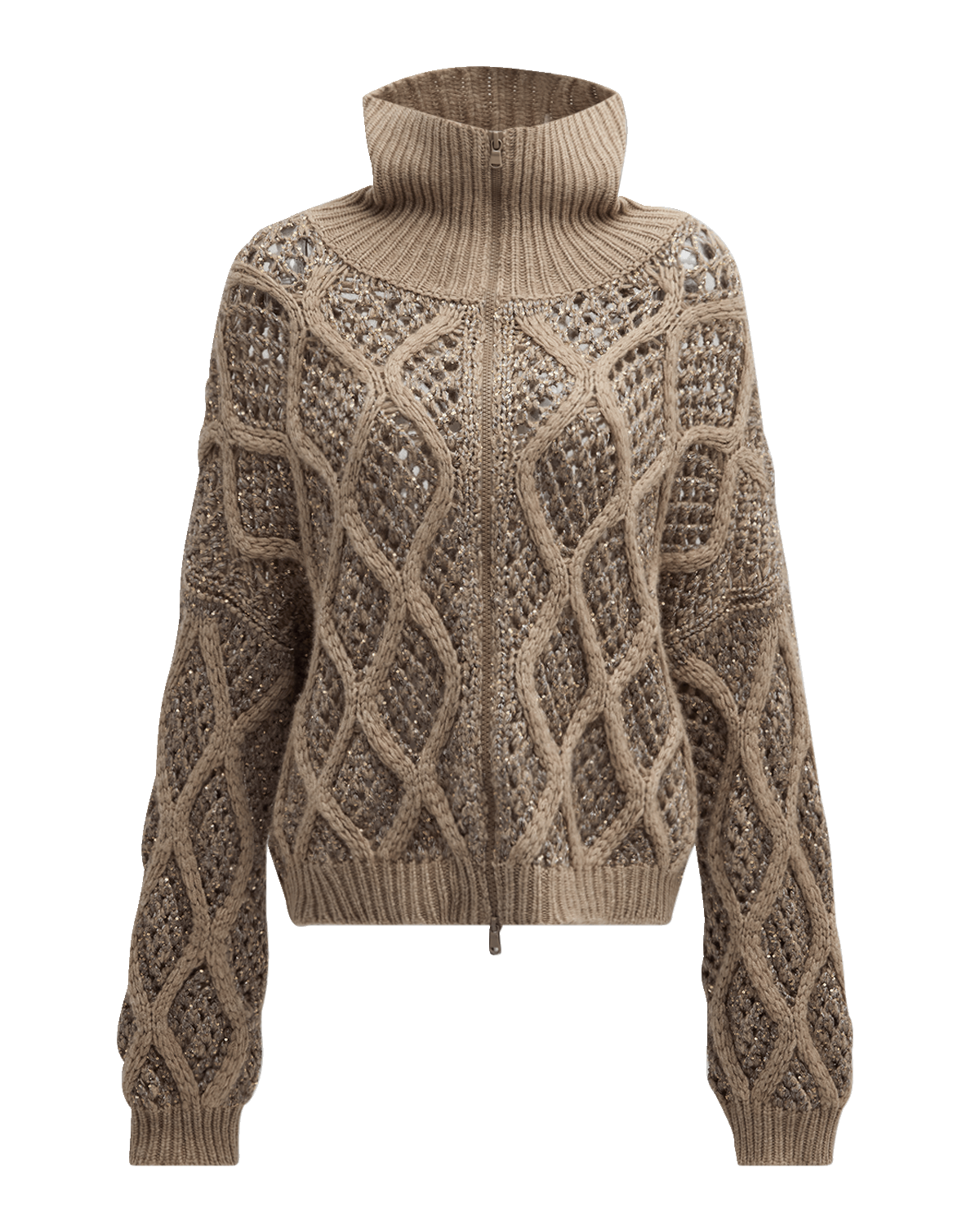 Brunello Cucinelli Opera Cashmere Cable and Net Zip-Up Cardigan with Paillette Details