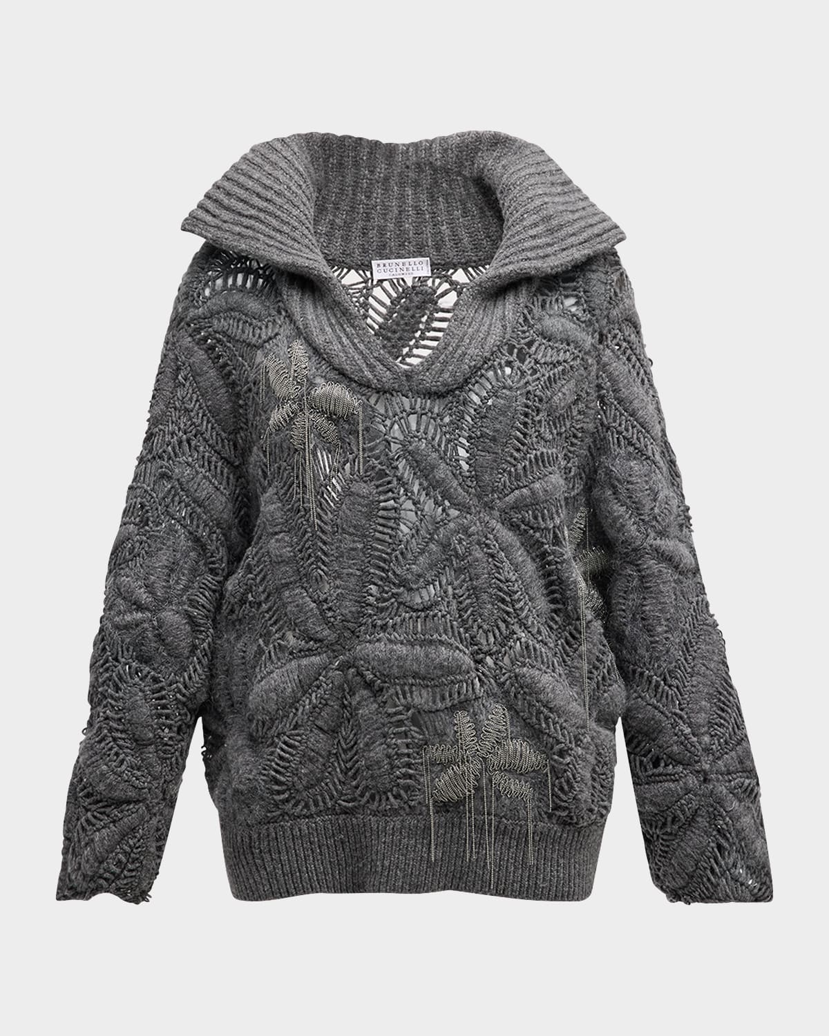 Brunello Cucinelli Opera Cashmere Floral Crochet Embroidered Knit Sweater