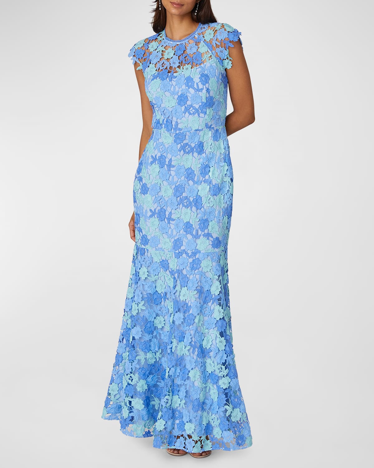 Shoshanna Cap-Sleeve Floral Lace Trumpet Gown