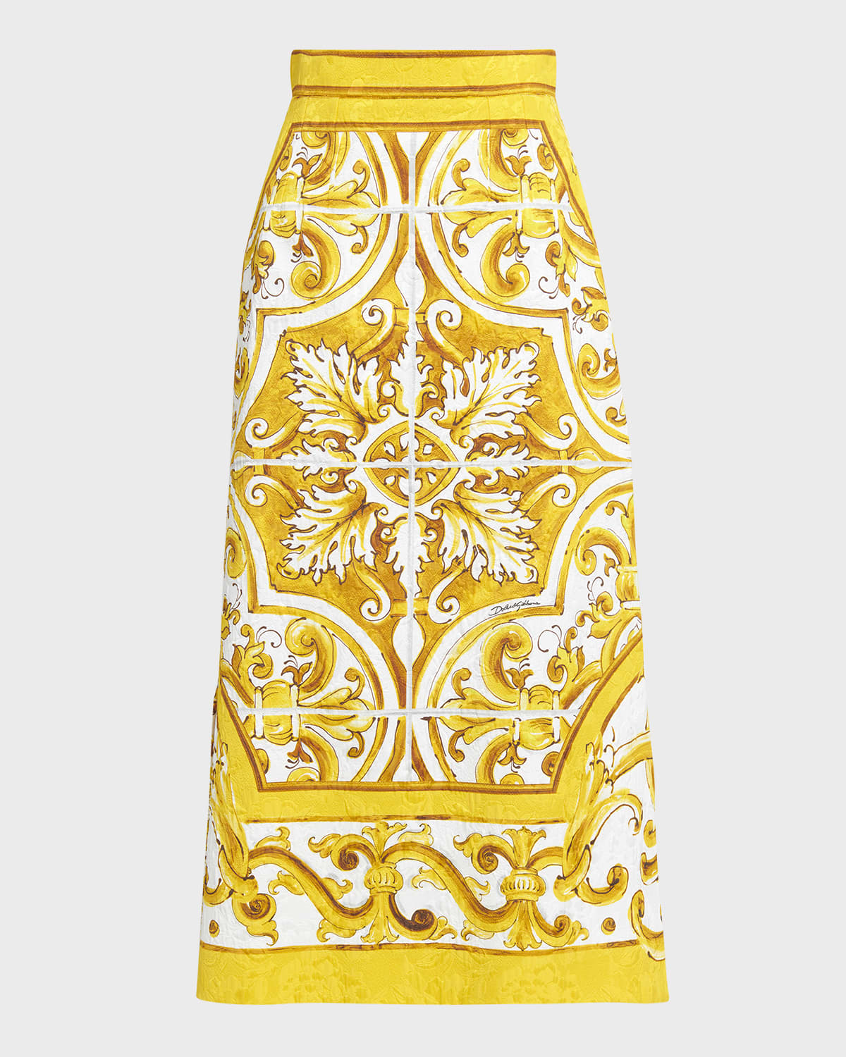 Dolce&Gabbana Maiolica Printed Brocade Longuette Skirt with Lateral Splits