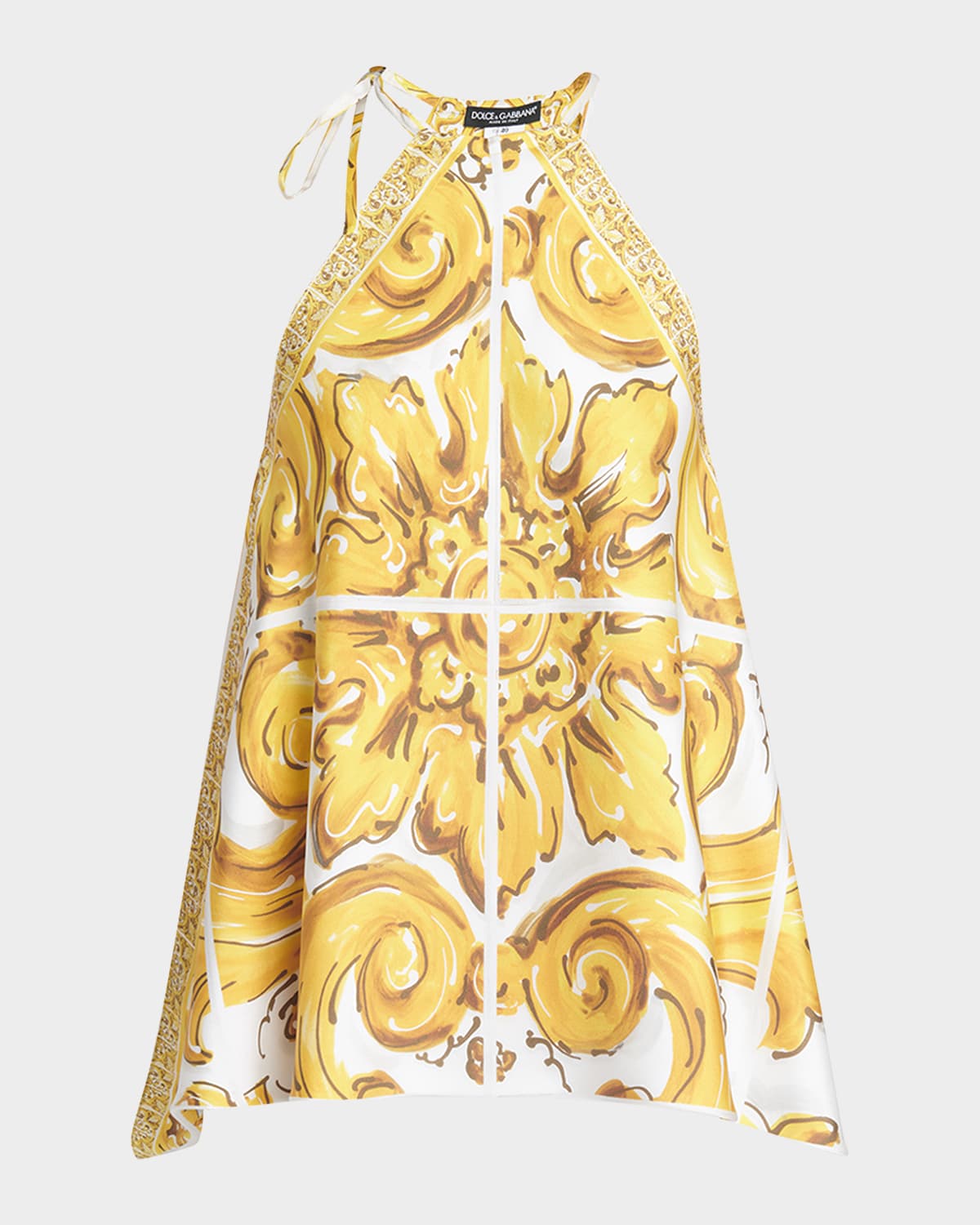 Dolce&Gabbana Silk Twill Brocade Print Top with Tie Neck