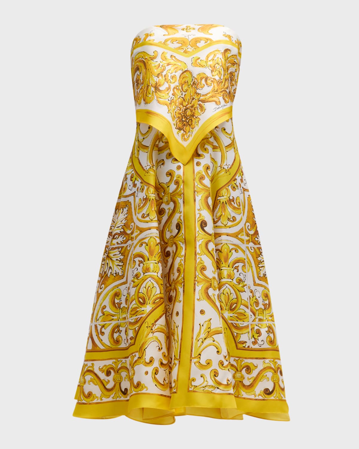 Dolce&Gabbana Maiolica-Print Silk Twill Strapless Scarf Midi Dress