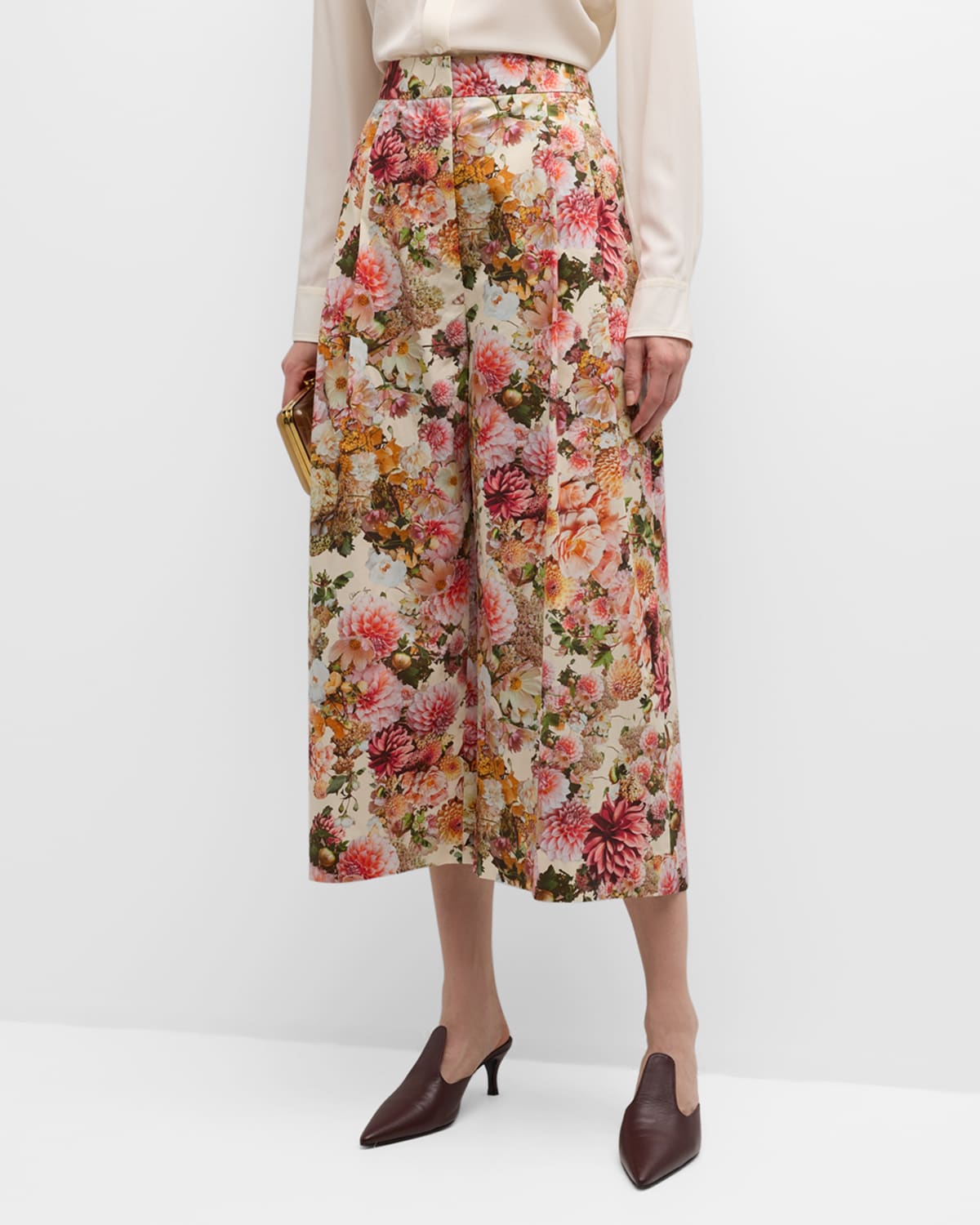 Adam Lippes Floral-Print Poplin Pleated Wide-Leg Ankle Pants