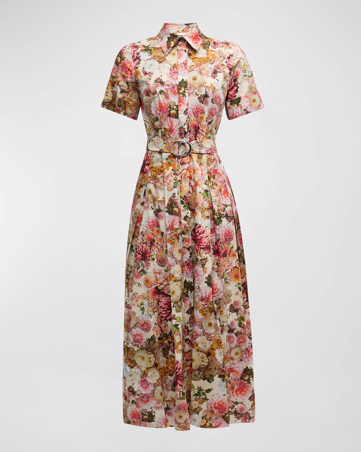 Adam Lippes Leighton Floral-Print Short-Sleeve Belted Midi Shirtdress