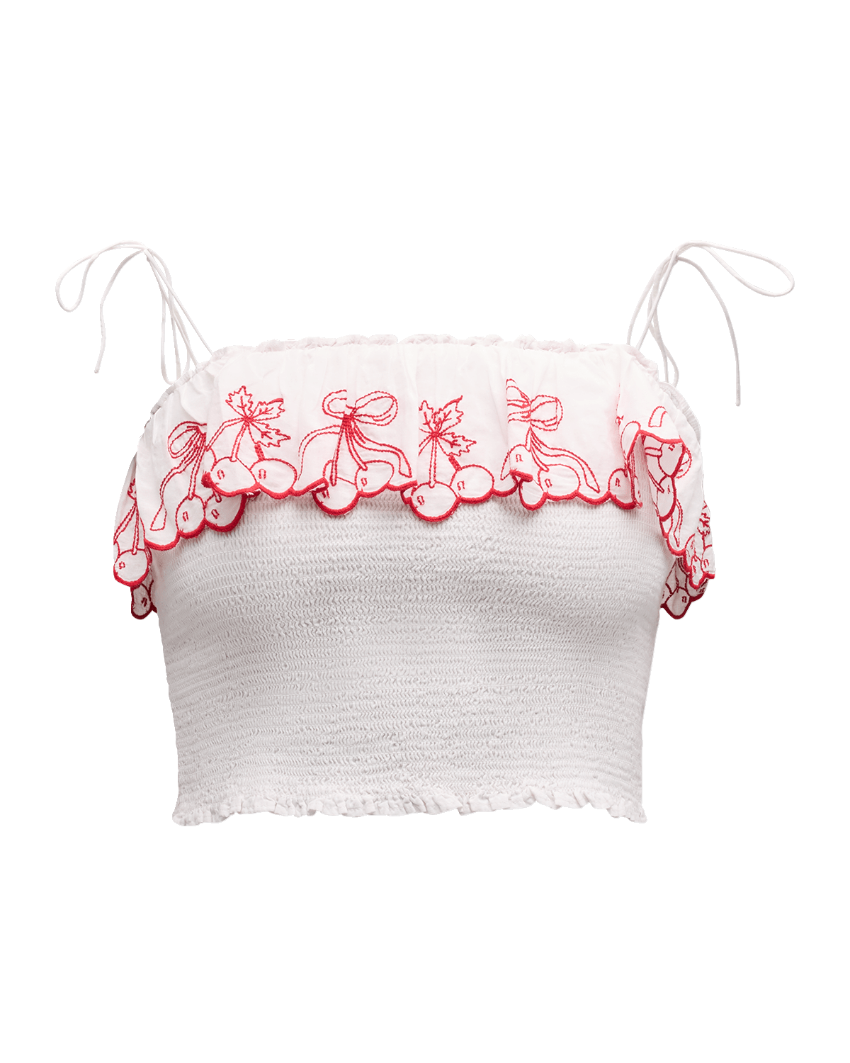 LoveShackFancy Carletta Smocked Embroidery Tie-Shoulder Crop Top