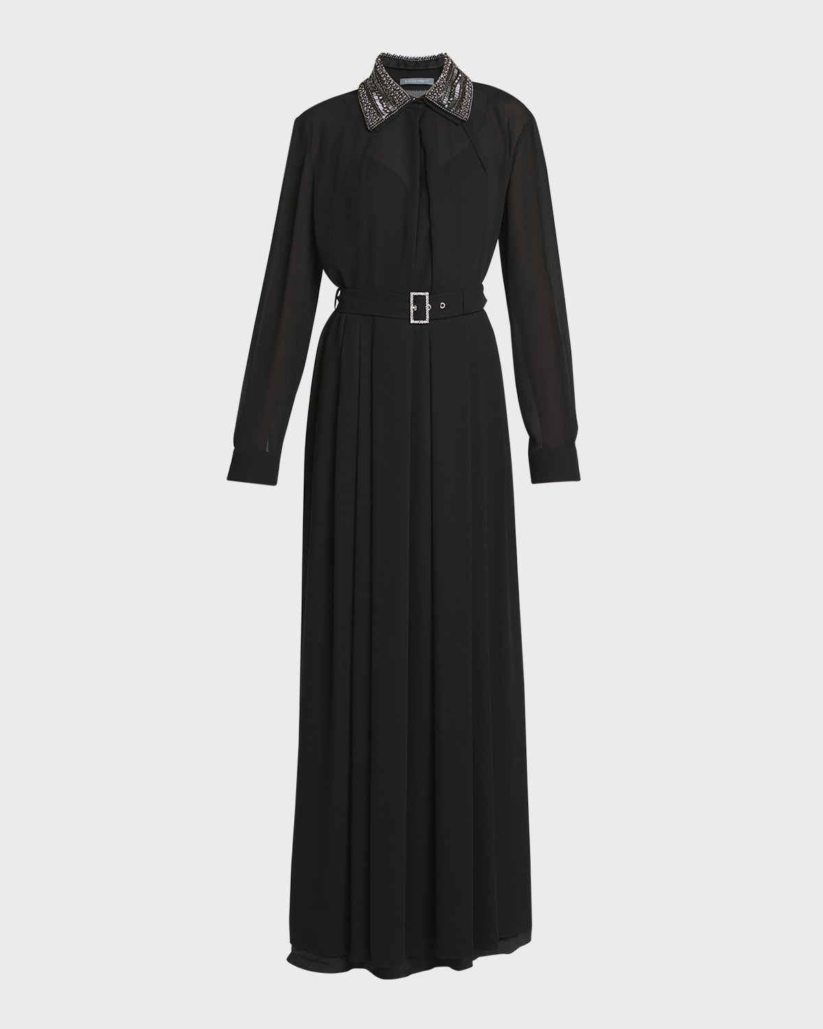 Alberta Ferretti Beaded Collar Sable Belted Shirt Dress