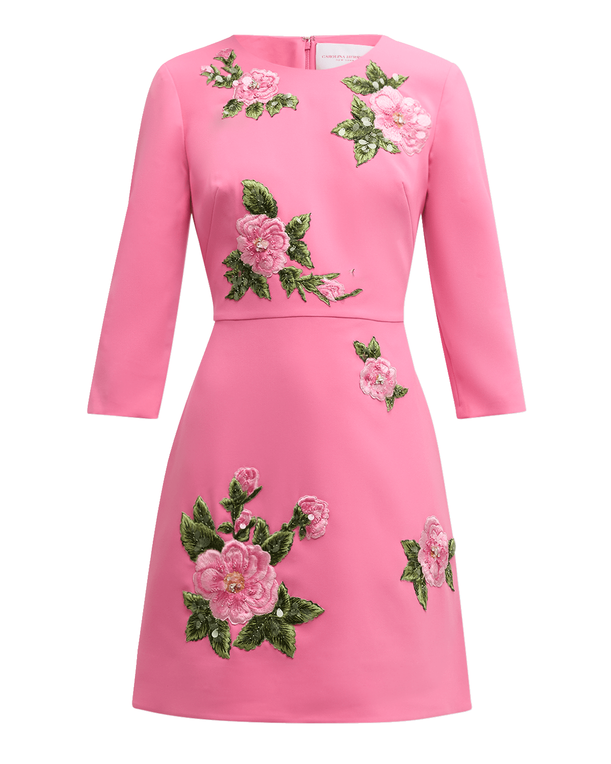 Carolina Herrera Floral Embroidered 3/4-Sleeve Mini Dress