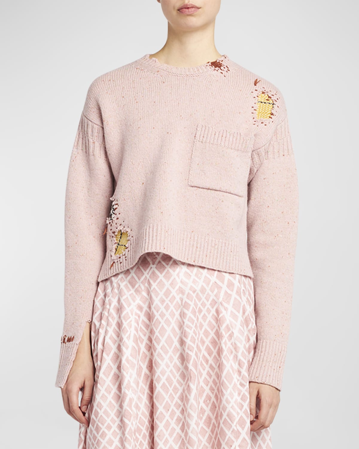 Marni Patch Embroidered Crewneck Long-Sleeve High-Low Sweater