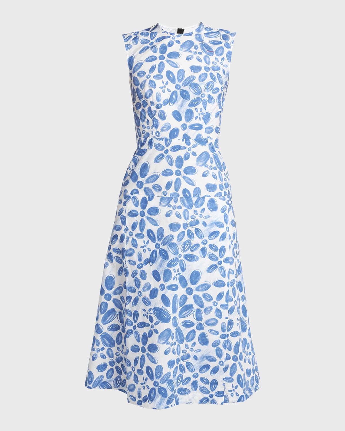Marni Floral Print Midi Dress With Hand-Stitched Logo Embroidery
