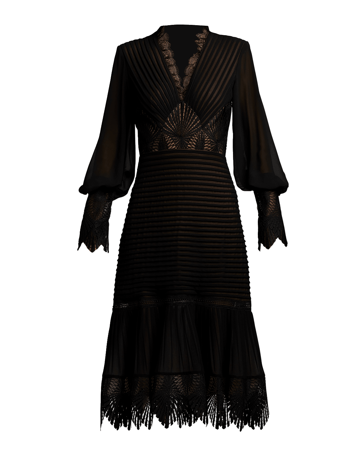 Tadashi Shoji Lace-Inset Pleated Chiffon Midi Dress