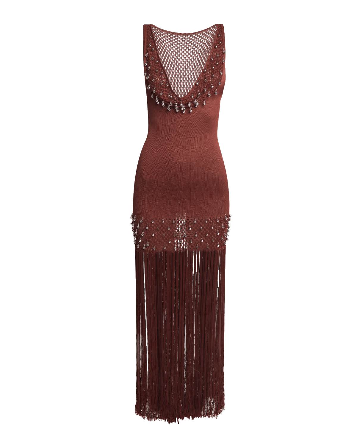 Rabanne Plunging Beaded Crochet-Knit Fringe Maxi Dress