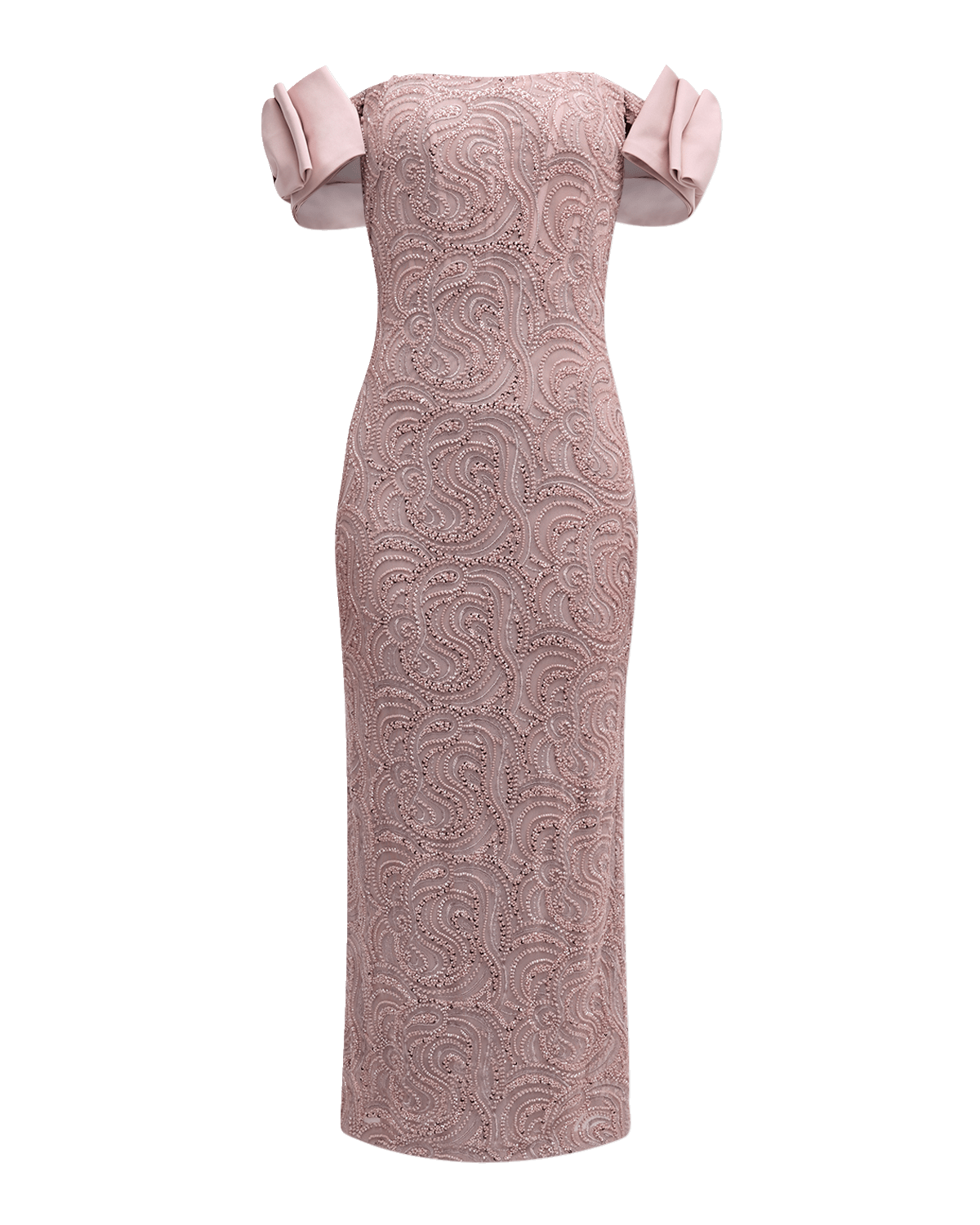 Jovani Beaded Off-Shoulder Column Midi Dress