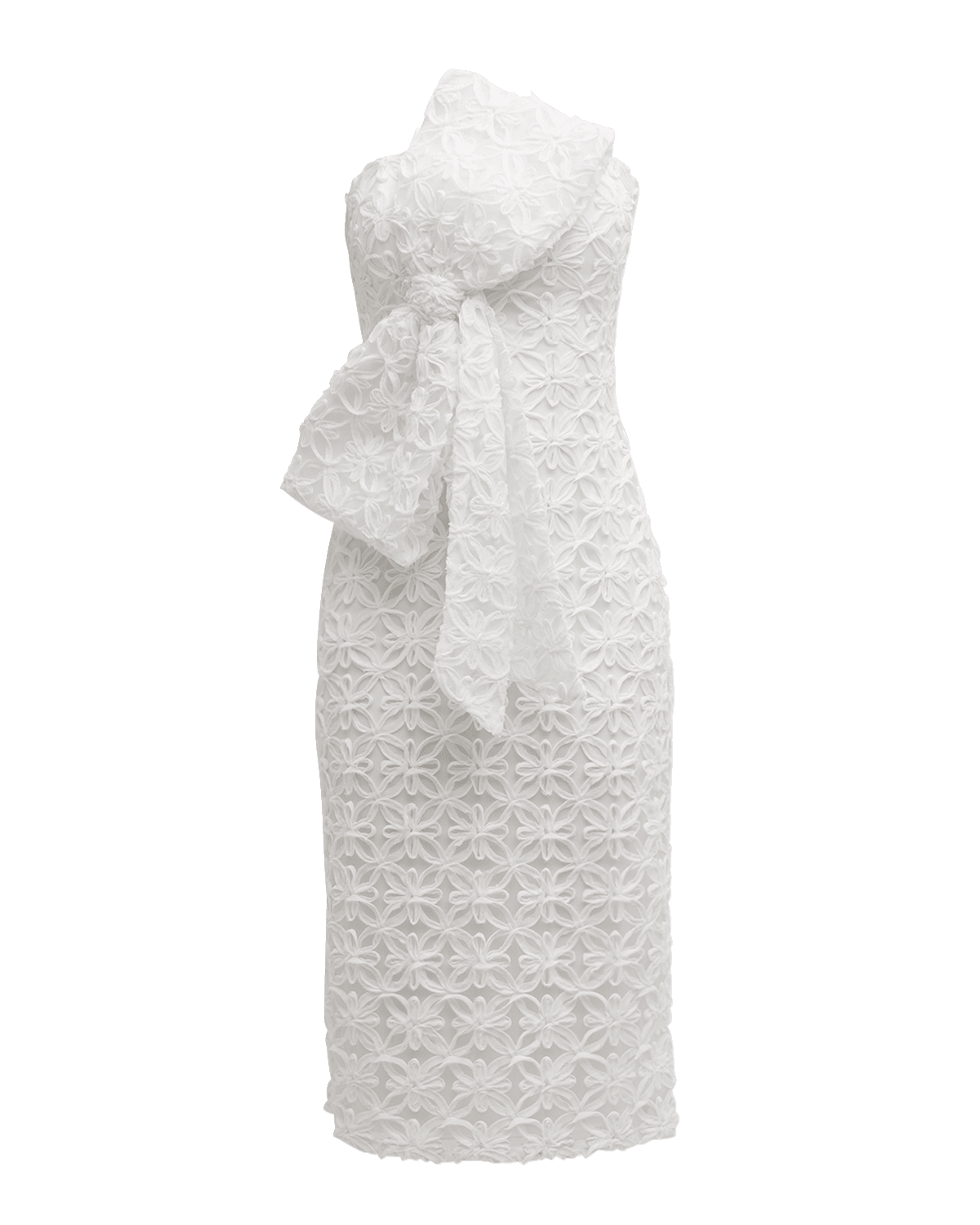 Jovani Strapless Bow-Front Applique Midi Dress