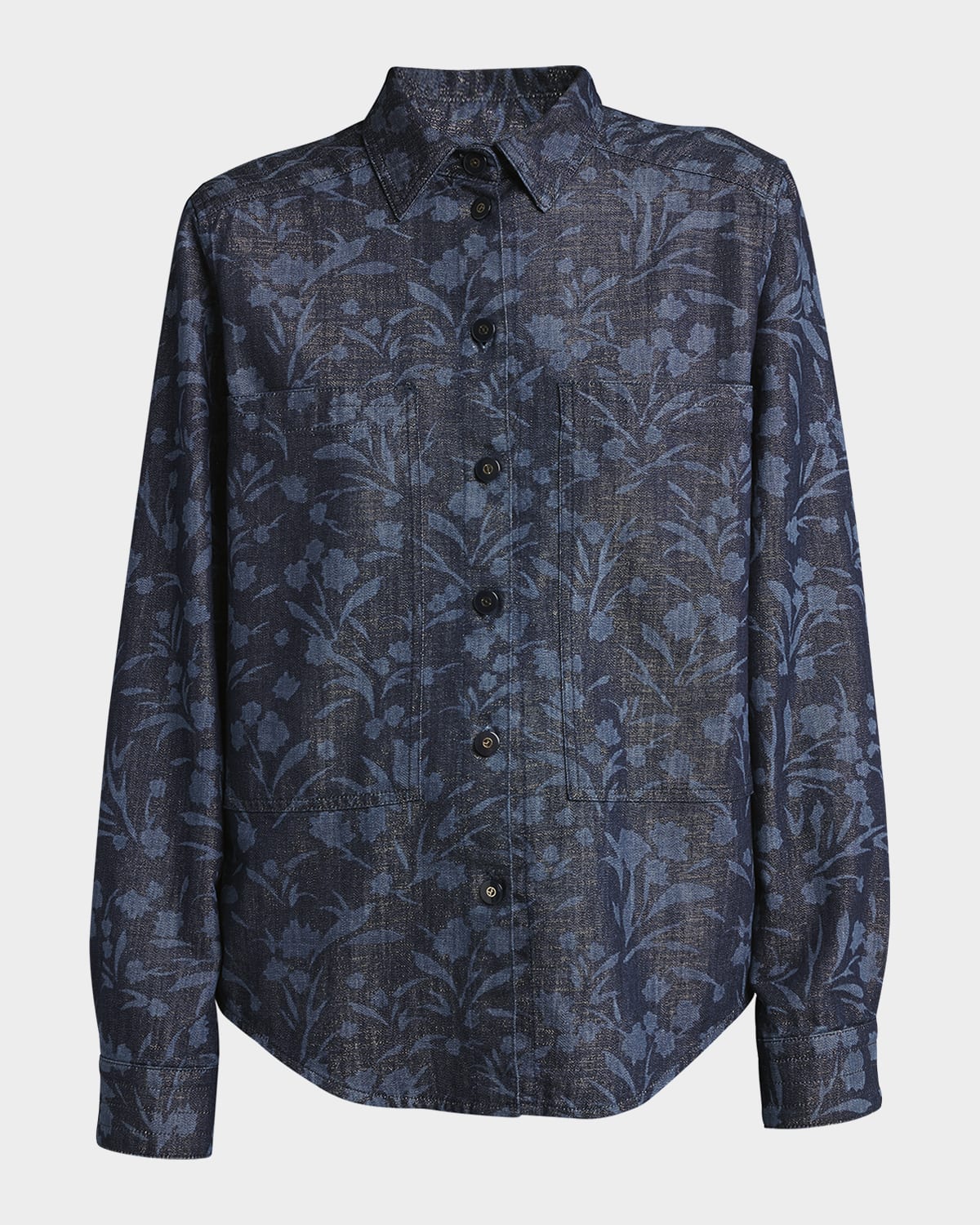 Giorgio Armani Shiny Denim Floral Print Button-Front Shirt