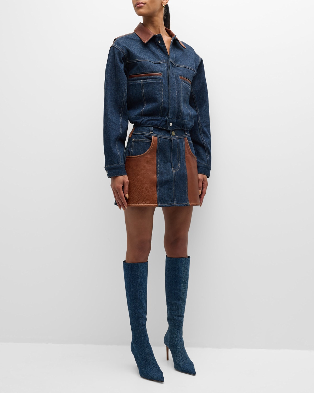 FRAME Atelier Denim and Leather Bomber Jacket
