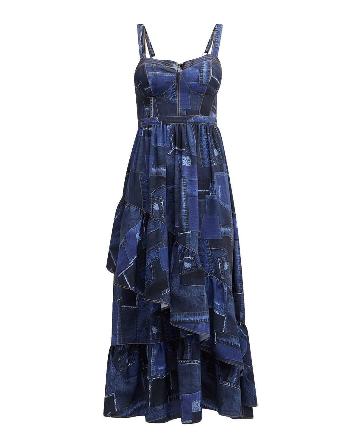 Cinq a Sept Jordyn Patchwork Denim Tiered Ruffle Bustier Midi Dress