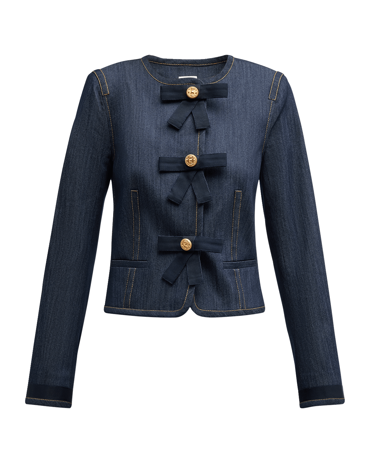 Cinq a Sept Taya Bow-Embellished Topstitched Denim Crop Jacket