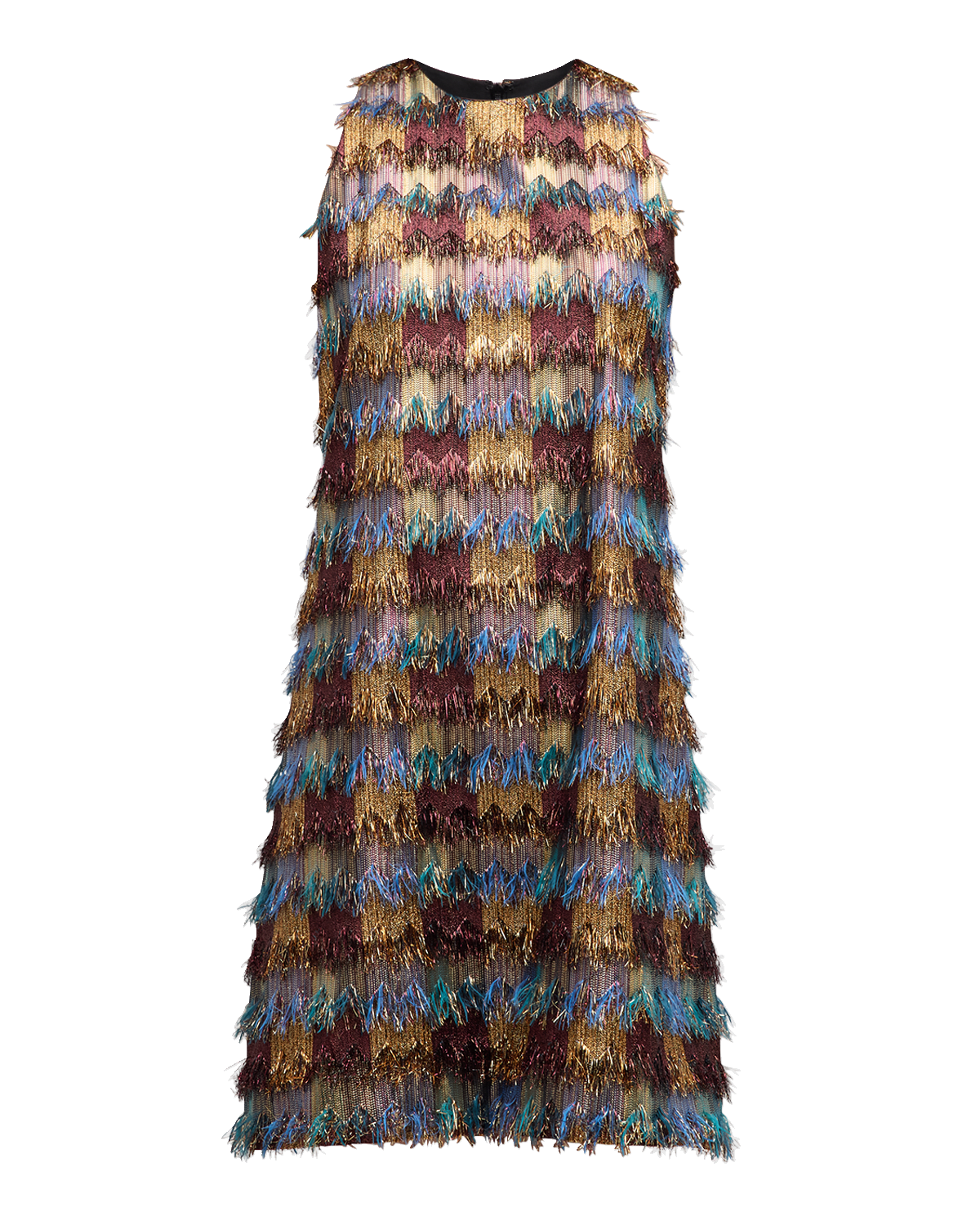Lela Rose Metallic Zigzag Fringe Sleeveless Tunic Dress