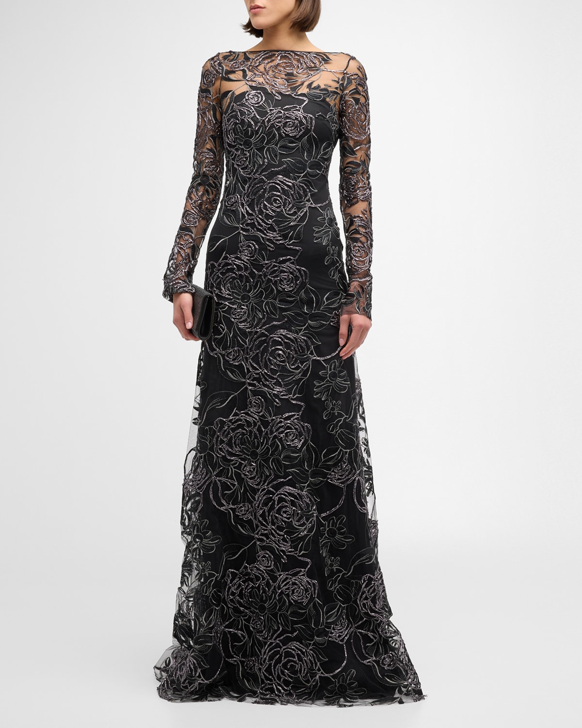 Naeem Khan Metallic Raffia Floral Embroidered Gown