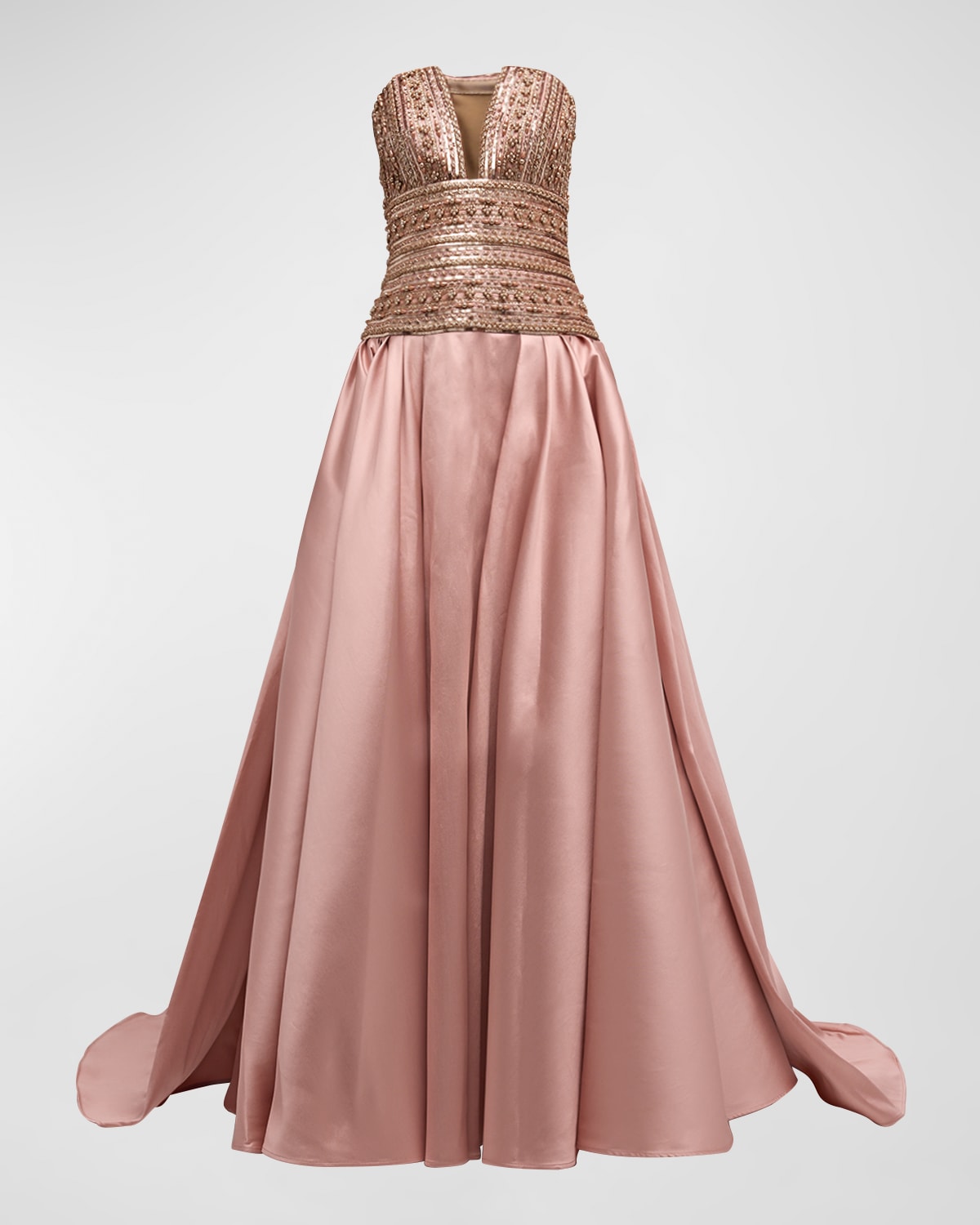 Pamella Roland Strapless Beaded Drop-Waist Mikado Gown