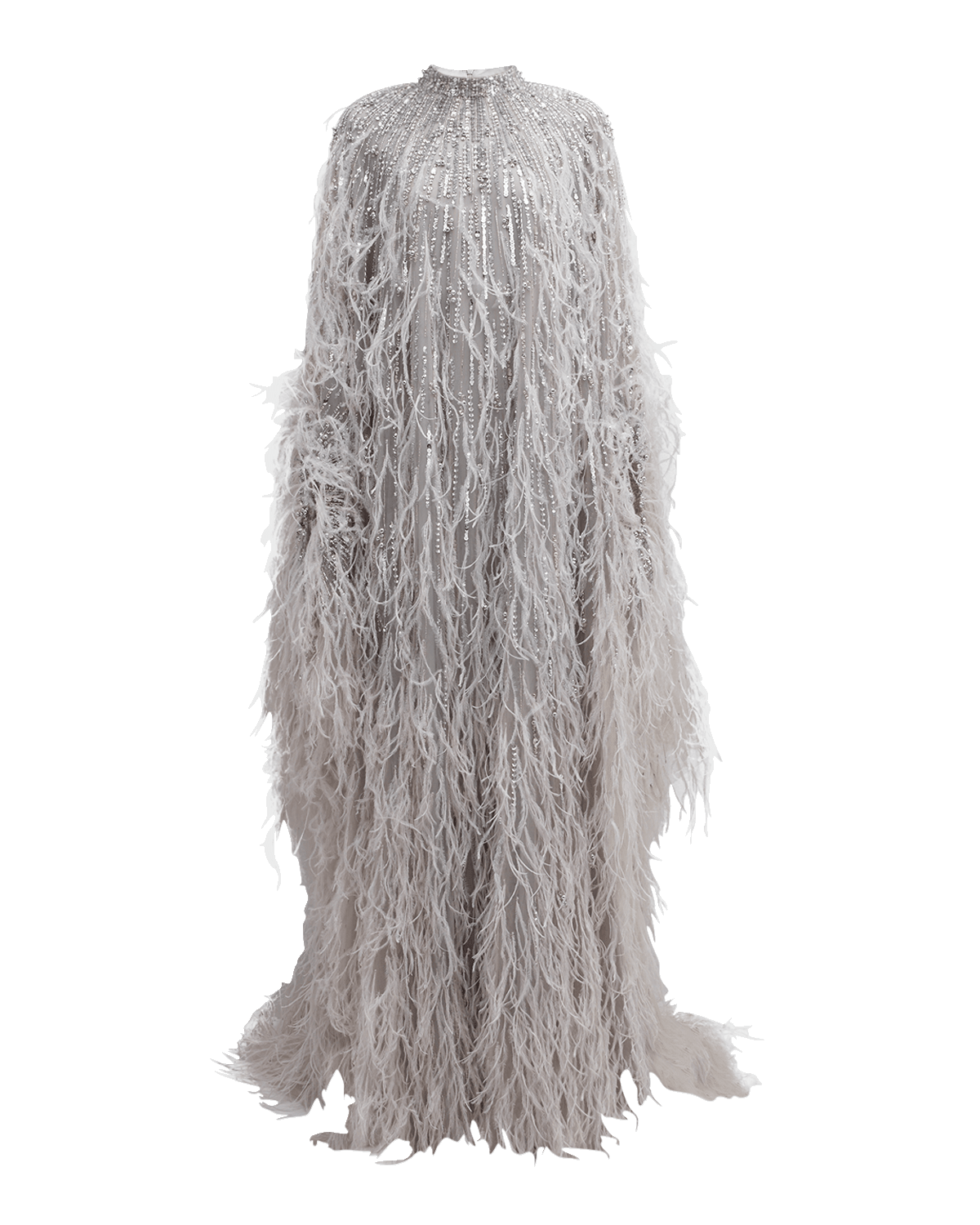 Pamella Roland Feather Beaded Tulle Cape Caftan Gown