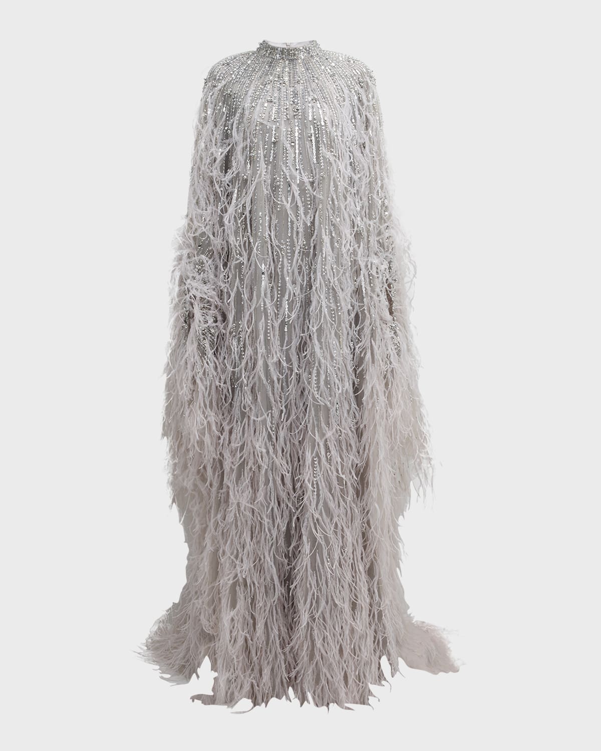 Pamella Roland Feather Beaded Tulle Cape Caftan Gown