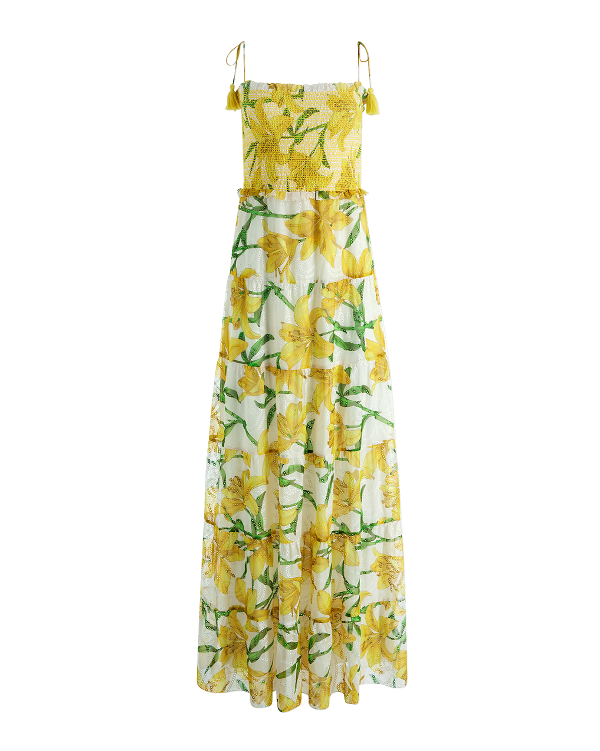 Alice + Olivia Marna Embroidered Tiered Tie-Strap Maxi Dress