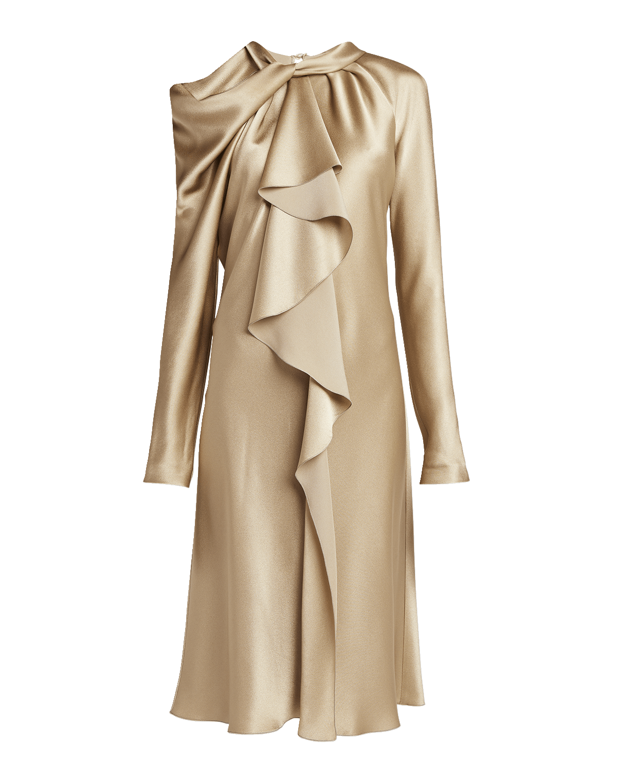 Alberta Ferretti Draped Ruffle Satin Long-Sleeve Dress