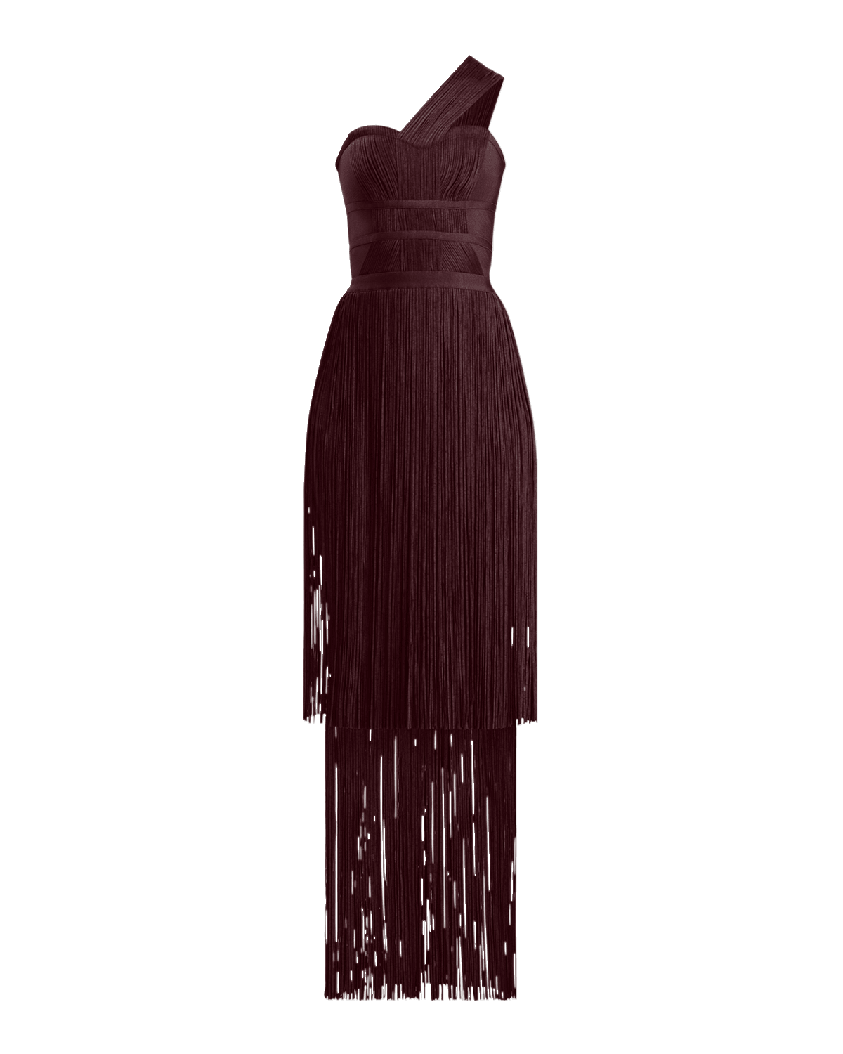 Herve Leger One-Shoulder Tiered Fringe Gown