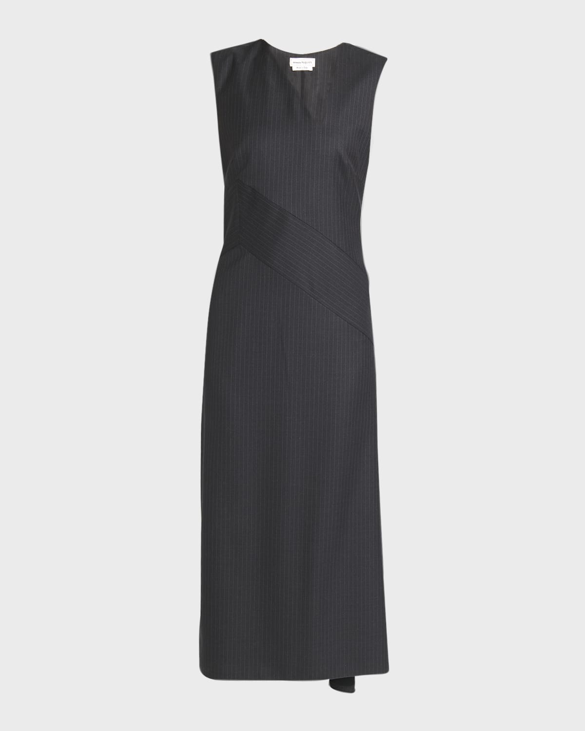 Alexander McQueen Pinstripe Sleeveless Asymmetric Midi Day Dress