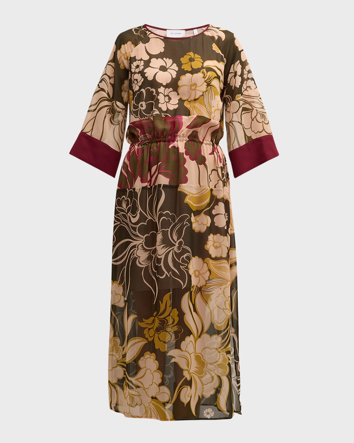 St. John Mixed Floral-Print 3/4-Sleeve Midi T-Shirt Dress