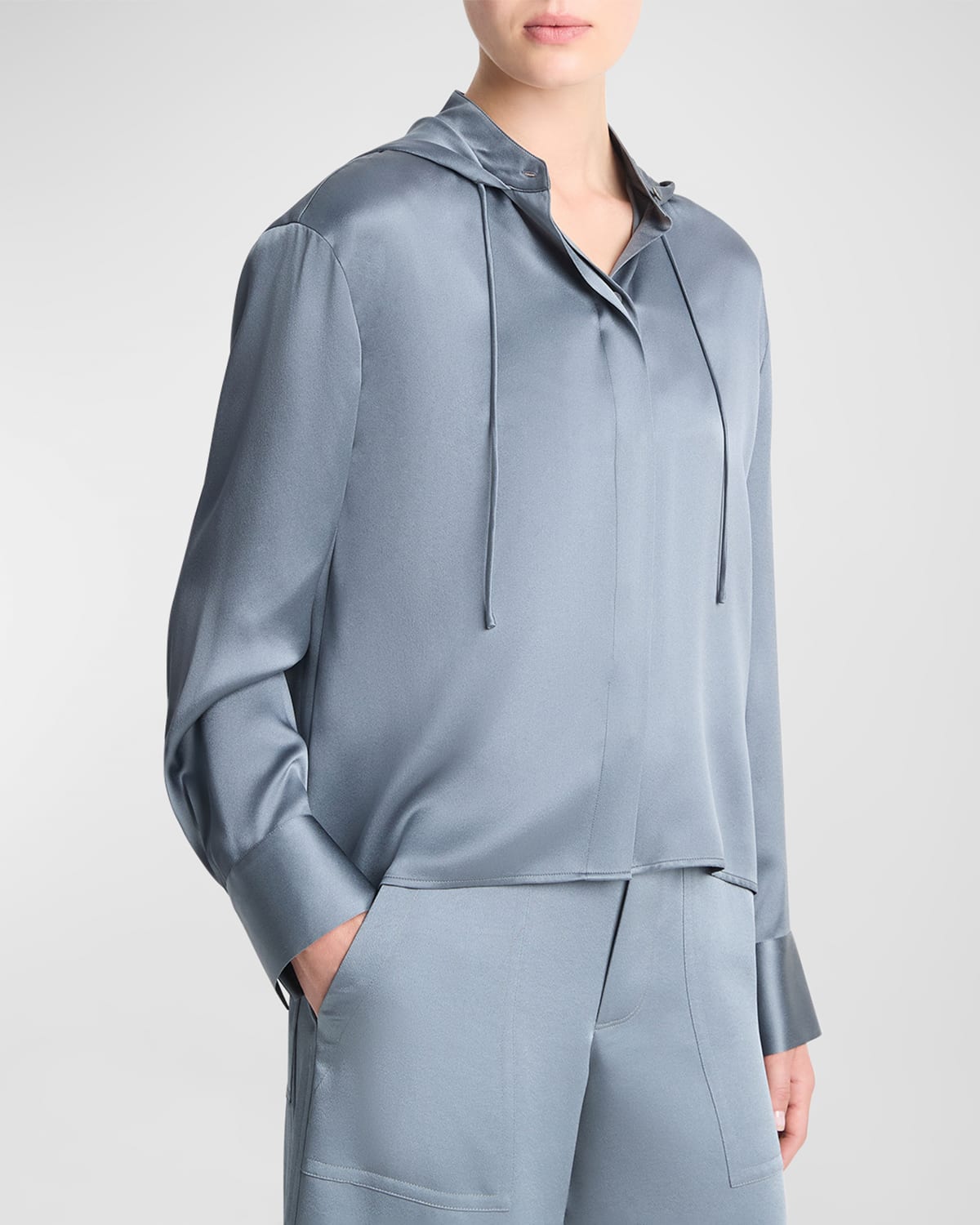 Vince Hooded Long-Sleeve Button-Front Silk Shirt