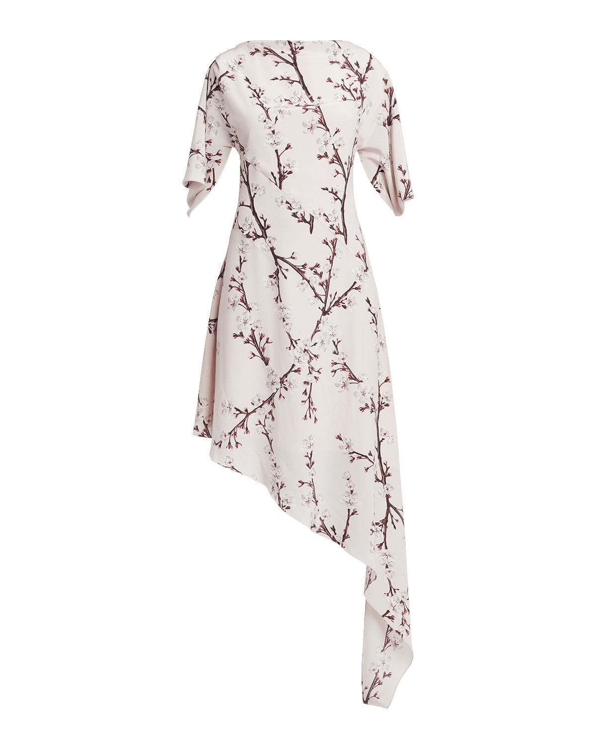 Alexander McQueen Floral-Print Short-Sleeve Asymmetric Silk Day Dress