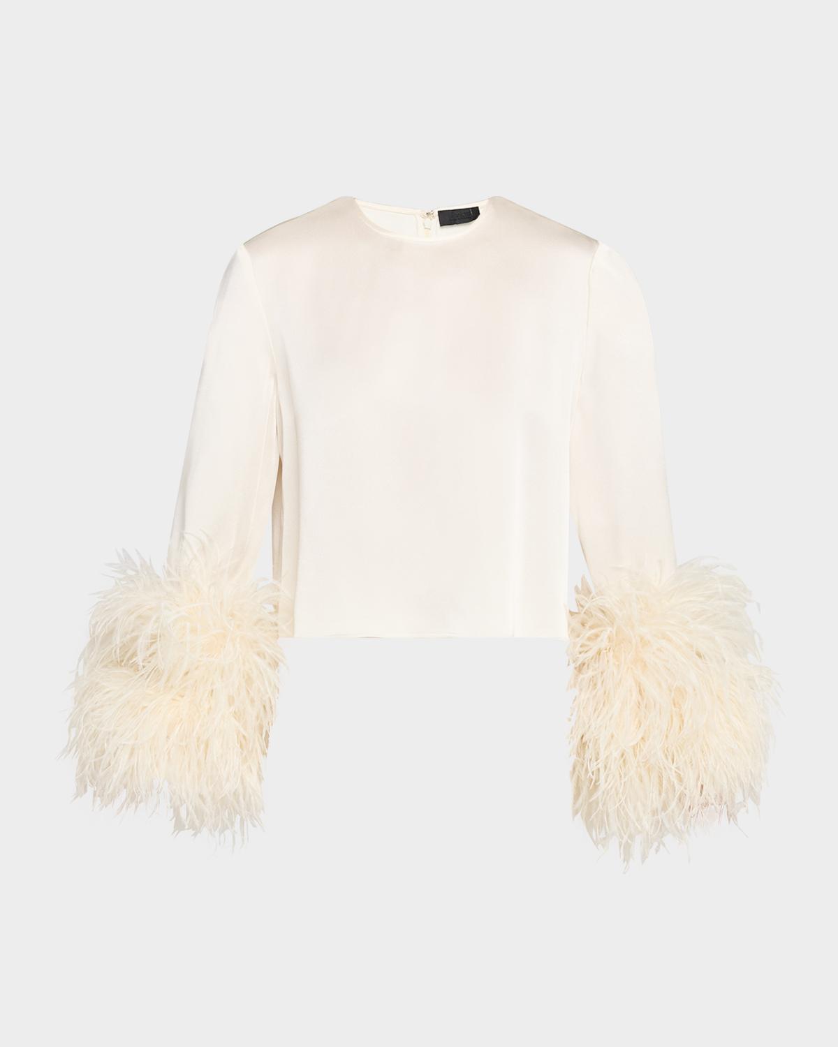 LAPOINTE Feather-Trim Long-Sleeve Crop Satin Top