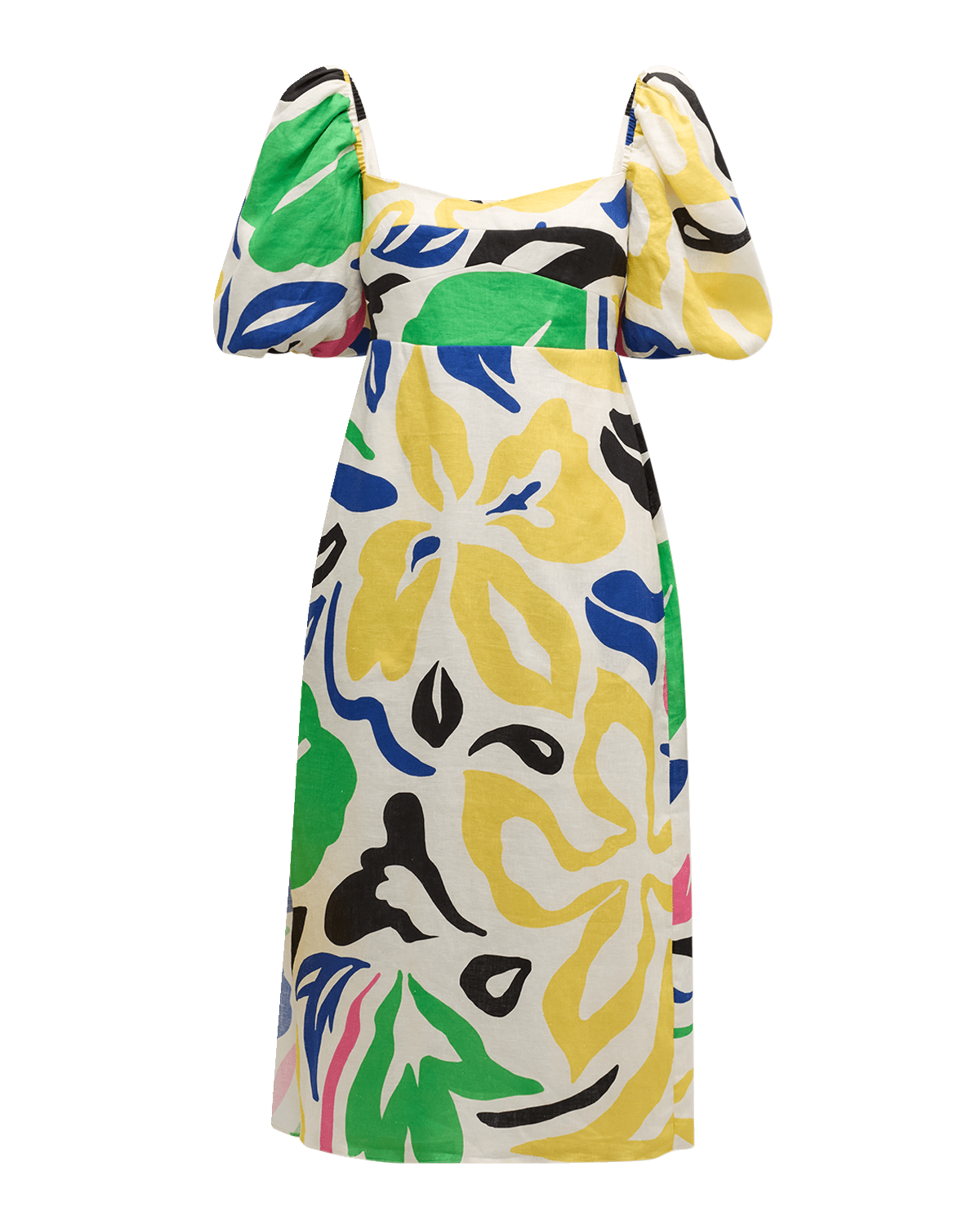 Cala de la Cruz Uti Puff-Sleeve Multicolor Linen Midi Dress