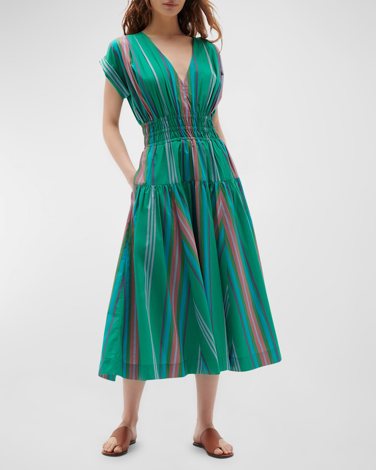 Figue Clarette Striped Smocked Cap-Sleeve Midi Dress